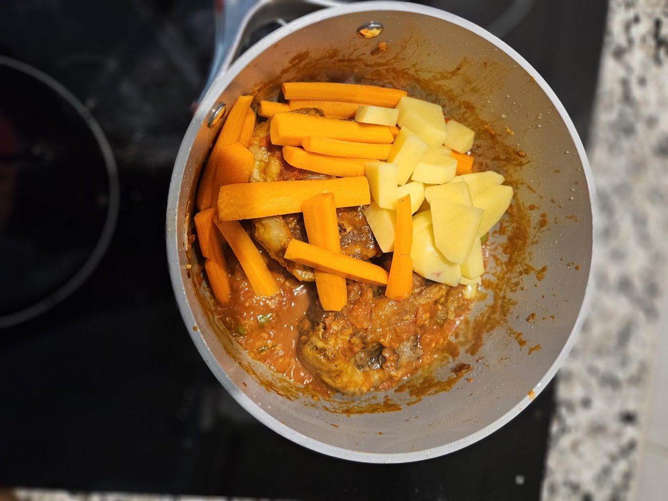 Fry Onions, Garlic, Add All the Spices and Tomatoes, Carrots, Potatoes